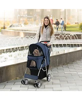 Sugift Folding Pet Stroller with Storage Basket and Adjustable Canopy