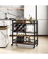 3-tier Bar Cart on Wheels Home Kitchen Serving with Wine Rack & Glass Holder