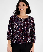 Ak Anne Klein Petite Printed Shirred Scoop-Neck Top