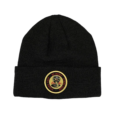 Cobra Kai Men's Woven Embroidered Logo Patch Marled Acrylic Yarn Knitted Cuffed Beanie Hat for Men