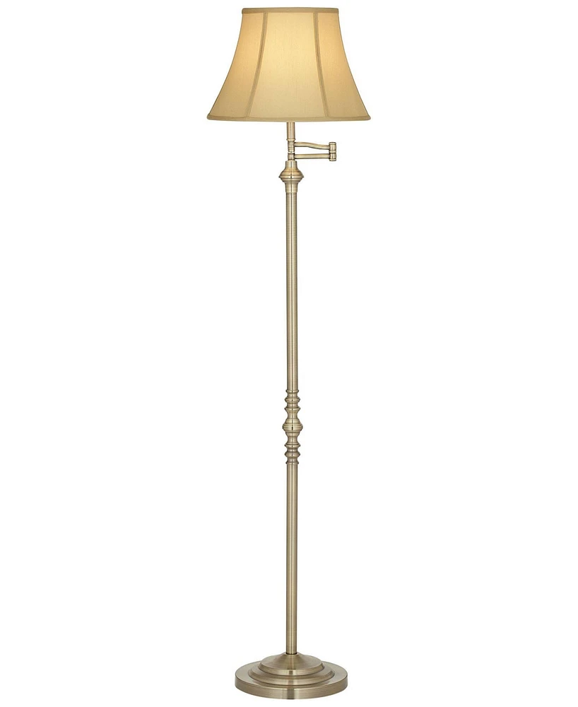 Regency Hill Montebello Traditional Adjustable Swing Arm Floor Lamp Standing 60" Tall Antique Brass Metal Column Golden Tan Bell Shade for Living Room