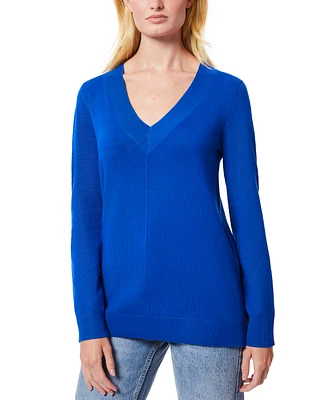 Melissa Paige Women's Ribbed Seamed Long-Sleeve High-Low-Hem V-Neck Sweater