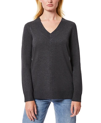 Melissa Paige Women's Ribbed Seamed Long-Sleeve High-Low-Hem V-Neck Sweater