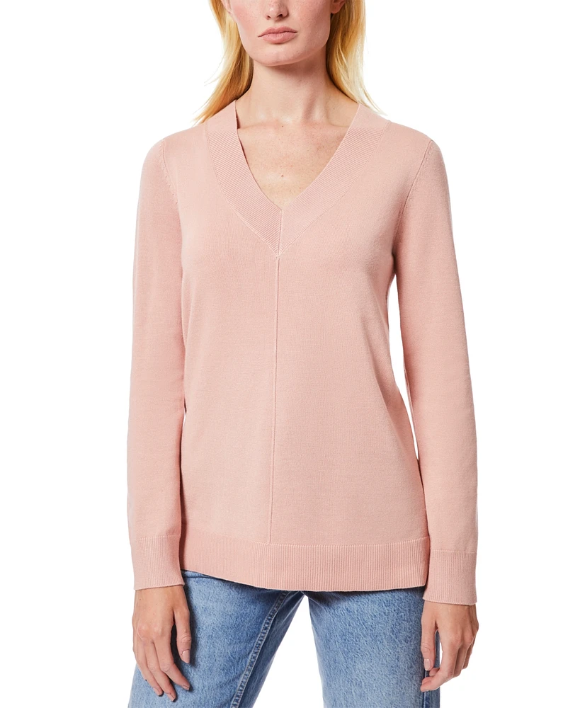 Melissa Paige Women's Ribbed Seamed Long-Sleeve High-Low-Hem V-Neck Sweater