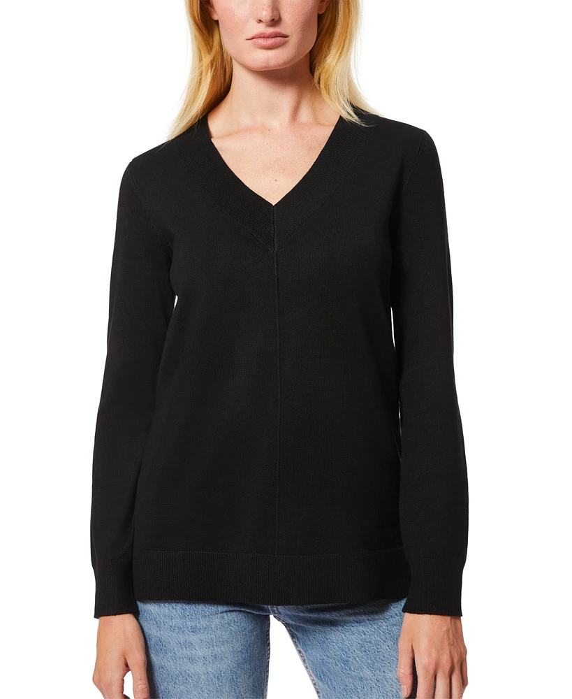 Melissa Paige Women's Ribbed Seamed Long-Sleeve High-Low-Hem V-Neck Sweater