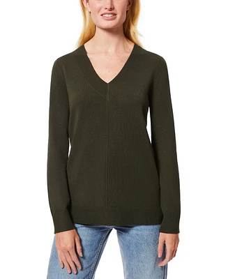 Melissa Paige Women's Ribbed Seamed Long-Sleeve High-Low-Hem V-Neck Sweater