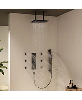 Mondawe 16" Ceiling Mounted Thermostatic Shower System Set with Handheld Spray, Slide Bar & 6 Body Jets, Brushed Gold