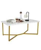 Costway Modern Coffee Table with Faux Marble Tabletop & Golden Y-shaped Legs Foot Pads