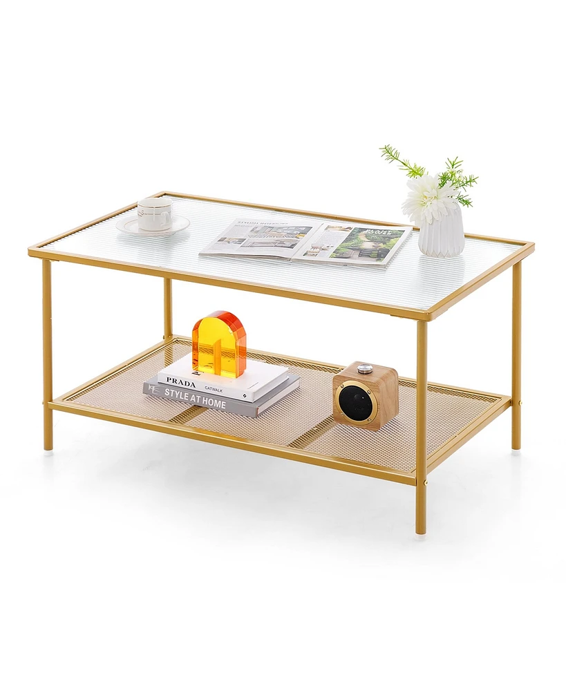 Costway 2-Tier Coffee Table with Shelf with Tempered Glass Top & Metal Frame Living Room