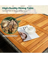 7 Pieces Patio Acacia Wood Cushioned Pe Rattan Wicker Dining Set