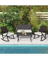 4 Pieces Rattan Patio Rocking Furniture Set with Loveseat and Coffee Table