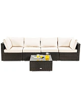 Vebreda 5 Pieces Cushioned Patio Rattan Furniture Set with Glass Table