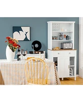 Freestanding Kitchen Pantry with Hutch Sliding Door and Drawer-White
