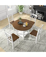 5 Piece Round Kitchen Dining Set with Drop Leaf Table Top