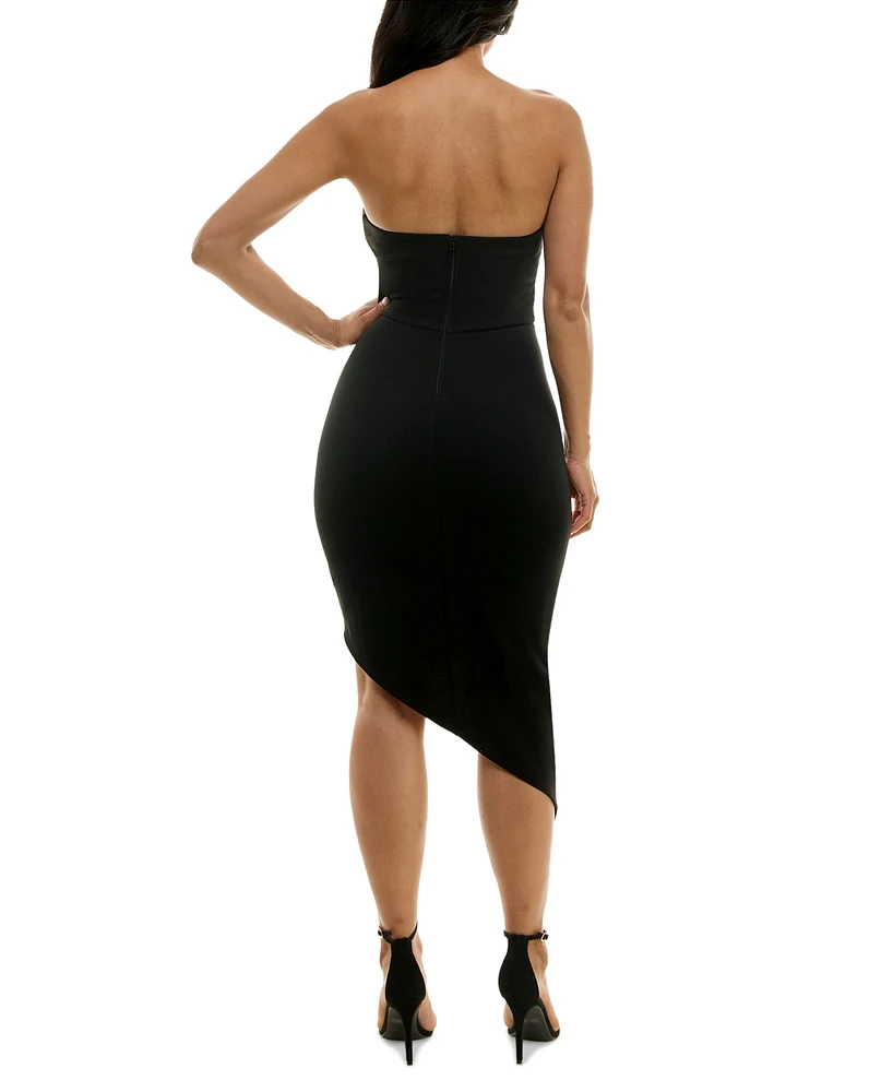 Emerald Sundae Juniors' Embellished Asymmetric Strapless Bodycon Dress