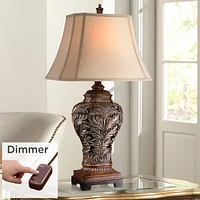 Leafwork Traditional Farmhouse Rustic Table Lamp with Table Top Dimmer 32.5" Tall Bronze Finish Rectangular Tan Shade for Living Room Bedroom Hou