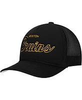 Mitchell Ness Men's Black Boston Bruins Script Side Patch Trucker Adjustable Hat