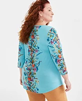 Jm Collection Plus Printed 3/4-Sleeve Top, Created for Macy's