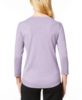 Melissa Paige Women's Petite Boat-Neck, Ribbed-Detail 3/4-Sleeve Sweater