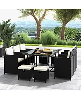Costway 11 Pieces Patio Dining Set Space-saving Wicker Chairs & Tempered Glass Table