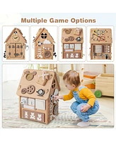 Wooden Busy House Montessori Toy with Sensory Games & Interior Storage Space