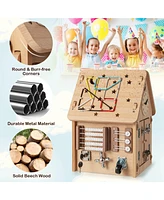 Wooden Busy House Montessori Toy with Sensory Games & Interior Storage Space