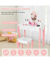 Kids Vanity Princess Makeup Dressing Table Stool Set W/ Mirror Drawer