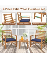 3 Pcs Outdoor Furniture Set Acacia Wood Conversation with Soft Seat Cushions