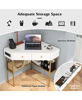 Costway Corner Desk with Built-in Charging Station Storage Drawers & Open Shelves Office