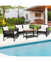 Gymax 4PCS Rattan Patio Furniture Set Acacia Wood Outdoor Conversation Set w/ Cushions