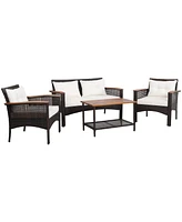 Gymax 4PCS Rattan Patio Furniture Set Acacia Wood Outdoor Conversation Set w/ Cushions