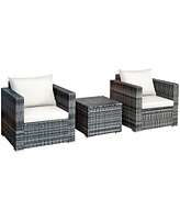 Costway 3 Pc Patio Rattan Furniture Bistro Set Cushioned Sofa Chair Table