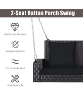 Costway 2-Person Patio Rattan Hanging Porch Swing Bench Chair Cushion