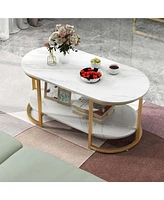 Costway White Marble Coffee Table Modern 2-Tier Center Table with Open Storage Shelf