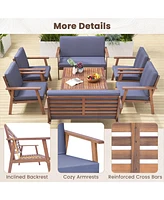 Costway 8 Pcs Patio Conversation Set Acacia Wood Sofa Coffee Table with Cushioned Seat