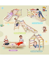 Costway Wooden Climbing Toys for Toddlers Jungle Gym with Reversible Ramp, Seesaw, Climber