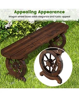 Patio Rustic Wood Bench with Wagon Wheel Base Slatted Seat Design