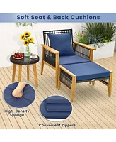 Costway 5 Pcs Patio Acacia Wood Wicker Woven Furniture Set with Coffee Table & 2 Ottomans
