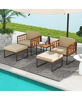 Costway 5 Pcs Acacia Wood Patio Furniture Set with Ottomans Soft Cushions & Coffee Table