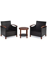 Costway 3PCS Patio Wicker Sofa Set Acacia Wood Frame