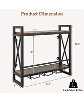 Costway Wall Mounted Wine Rack Industrial 2-Tier Wood Shelf with 3 Stem Glass Holders