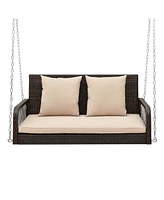 Patio Wicker Porch Swing 2-Person Hanging Loveseat Bench Chair with Cushions