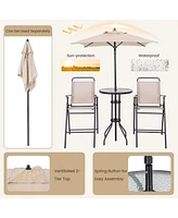 4PCS Patio Bistro Set Folding Counter Height Chairs Round Bar Table& Umbrella