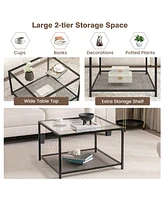 Costway Glass Coffee Table 27.5 Inch 2-Tier Square with Mesh Shelf Living Room