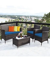 4PCS Rattan Patio Furniture Set Cushioned Sofa Chair Coffee Table