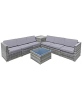 Gymax Set of 8 Gray Rattan Wicker Sofa & Table Outdoor Cushioned Sectional Patio Furniture