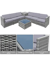 Gymax Set of 8 Gray Rattan Wicker Sofa & Table Outdoor Cushioned Sectional Patio Furniture