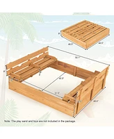 Costway Kids Large Wooden Sandbox w/Cover 2 Convertible Bench Seats for Outdoor Play