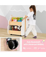Kids Wooden Bookshelf with Wheels 2-Tier Toy Storage Shelf Double-sided Bookcase