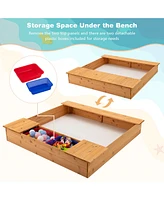 Costway Kids Wooden Sandbox w/ Bench Seats & Storage Boxes Children Outdoor Playset